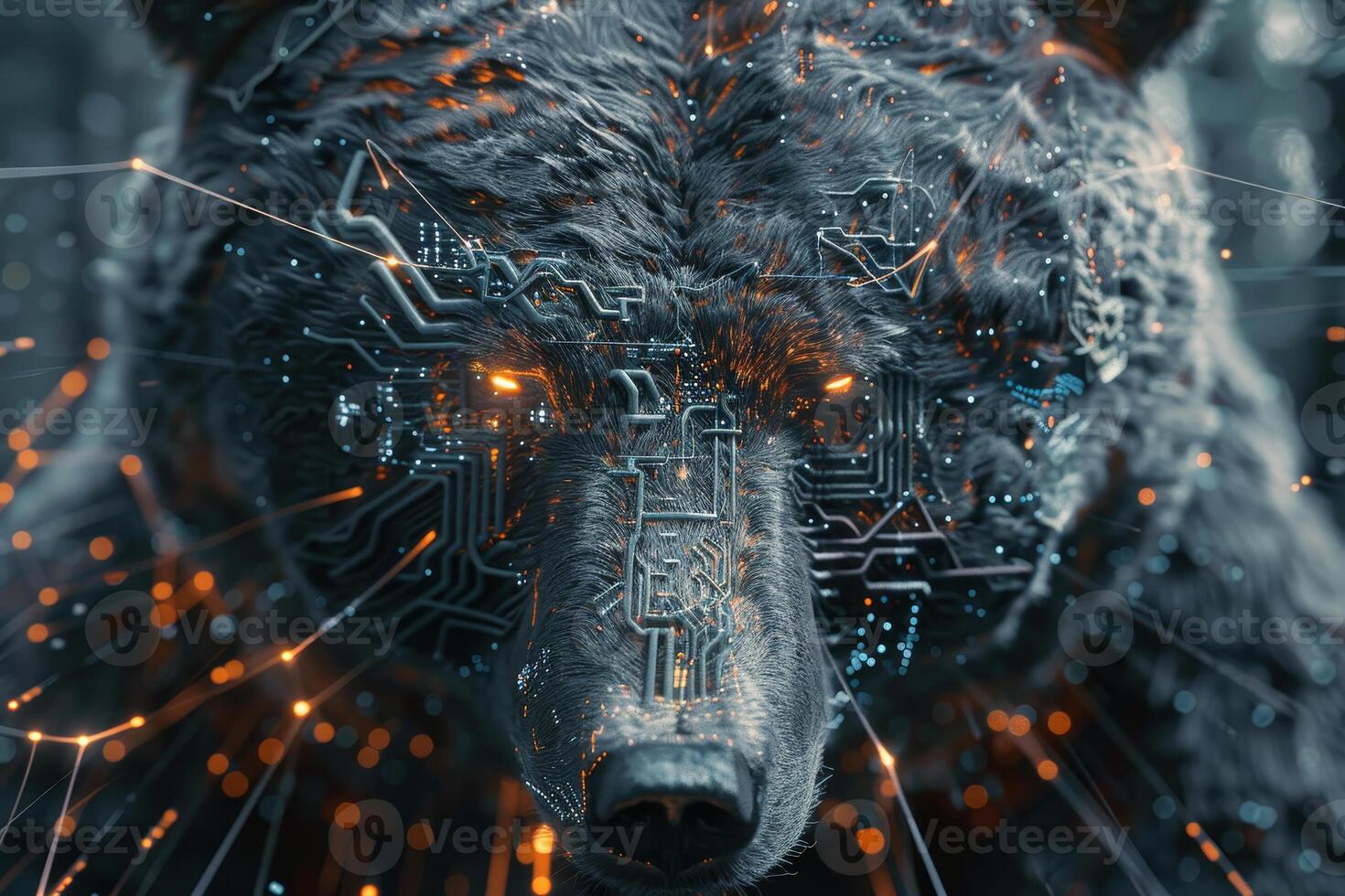 A bear stands majestically in a forest, its face adorned with glowing circuits and digital patterns, highlighting the fusion of wildlife and technology in a captivating way photo