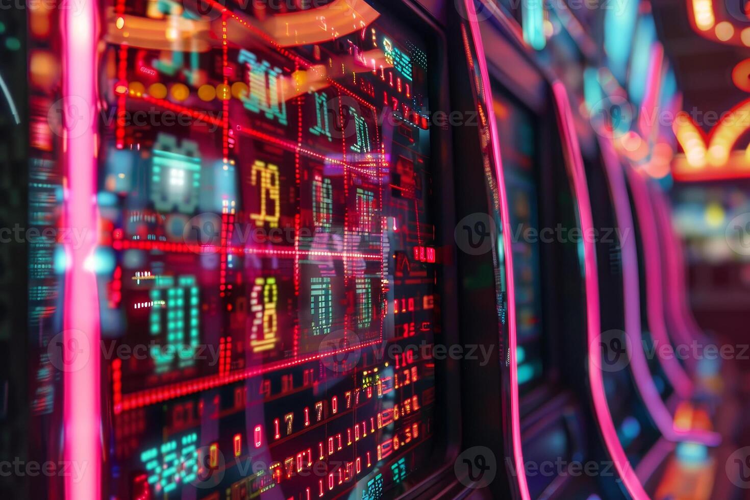 Bright neon lights illuminate slot machines filled with numerical displays and colorful symbols, creating an exciting and lively casino environment after dark photo