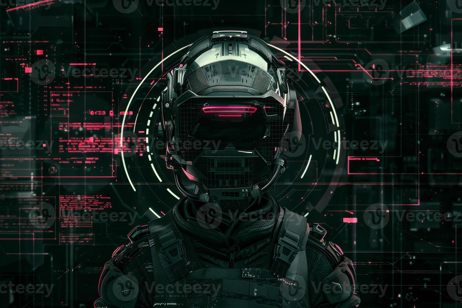 A futuristic soldier stands still, wearing an advanced helmet adorned with digital displays. The high-tech background features neon elements that create a sci-fi atmosphere photo