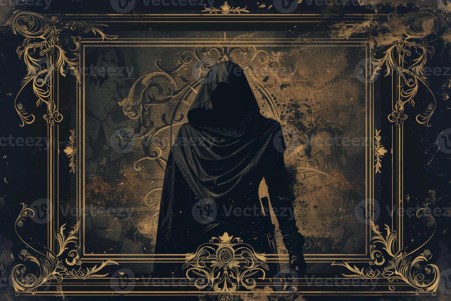 A cloaked figure stands in front of a weathered wall adorned with intricate designs, exuding an aura of mystery and adventure in a dimly lit environment photo