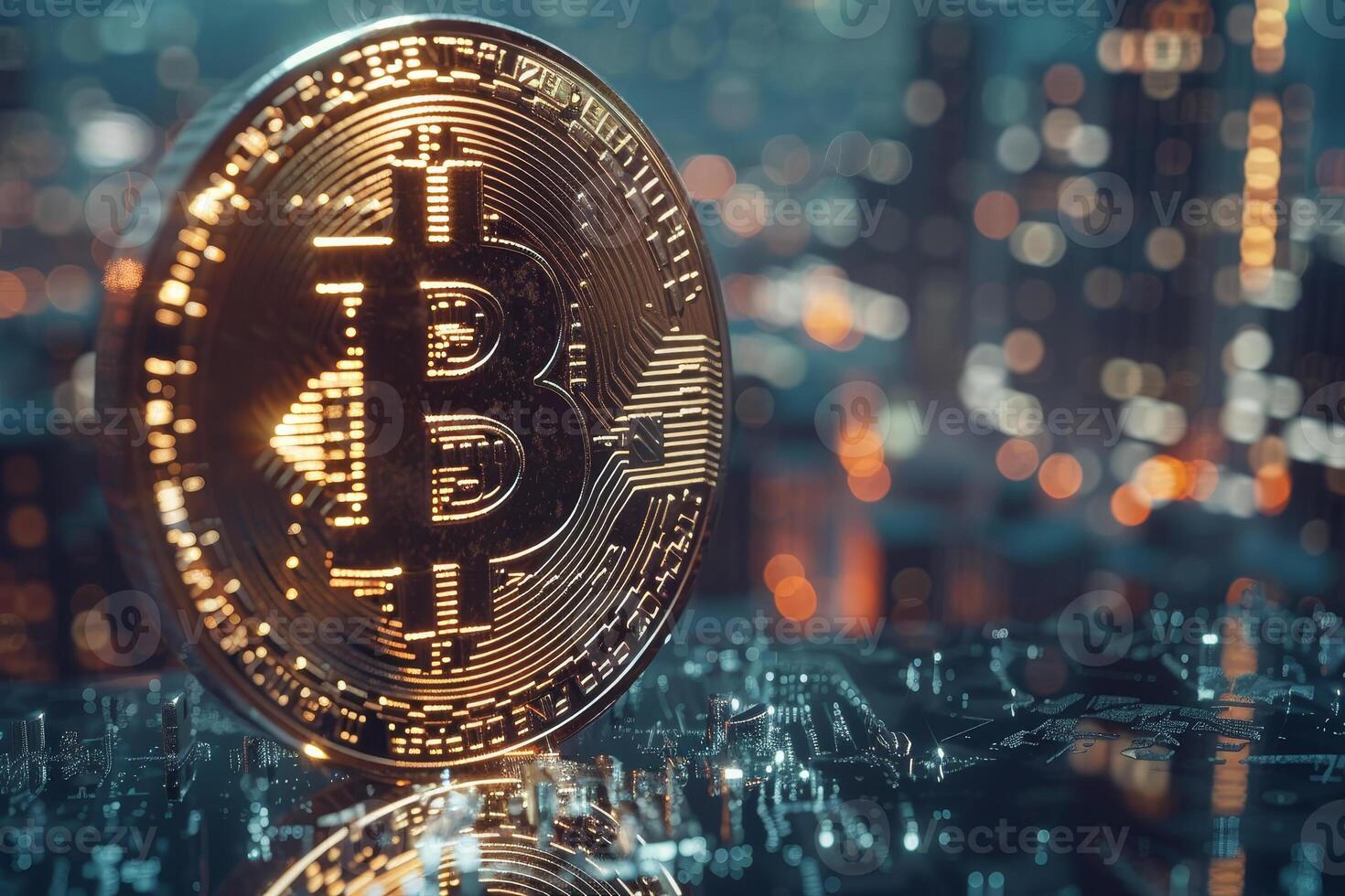 A close-up view of a Bitcoin coin reflects colorful city lights during nighttime, symbolizing the rising popularity of digital currencies in urban environments photo