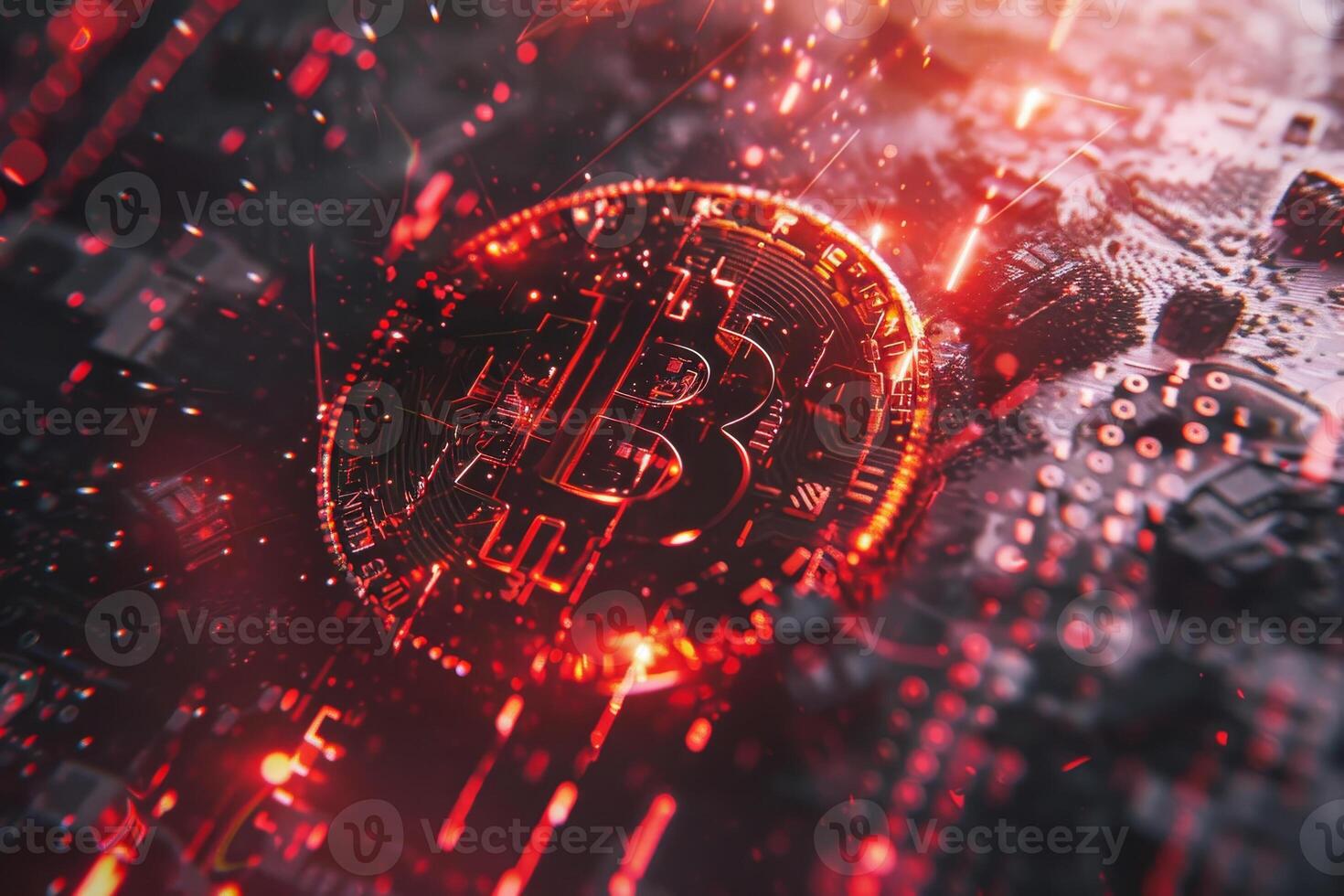 The glowing Bitcoin symbol dominates a high-tech digital landscape filled with intricate circuitry and dynamic red highlights. This striking visual captures the essence of cryptocurrency innovation photo