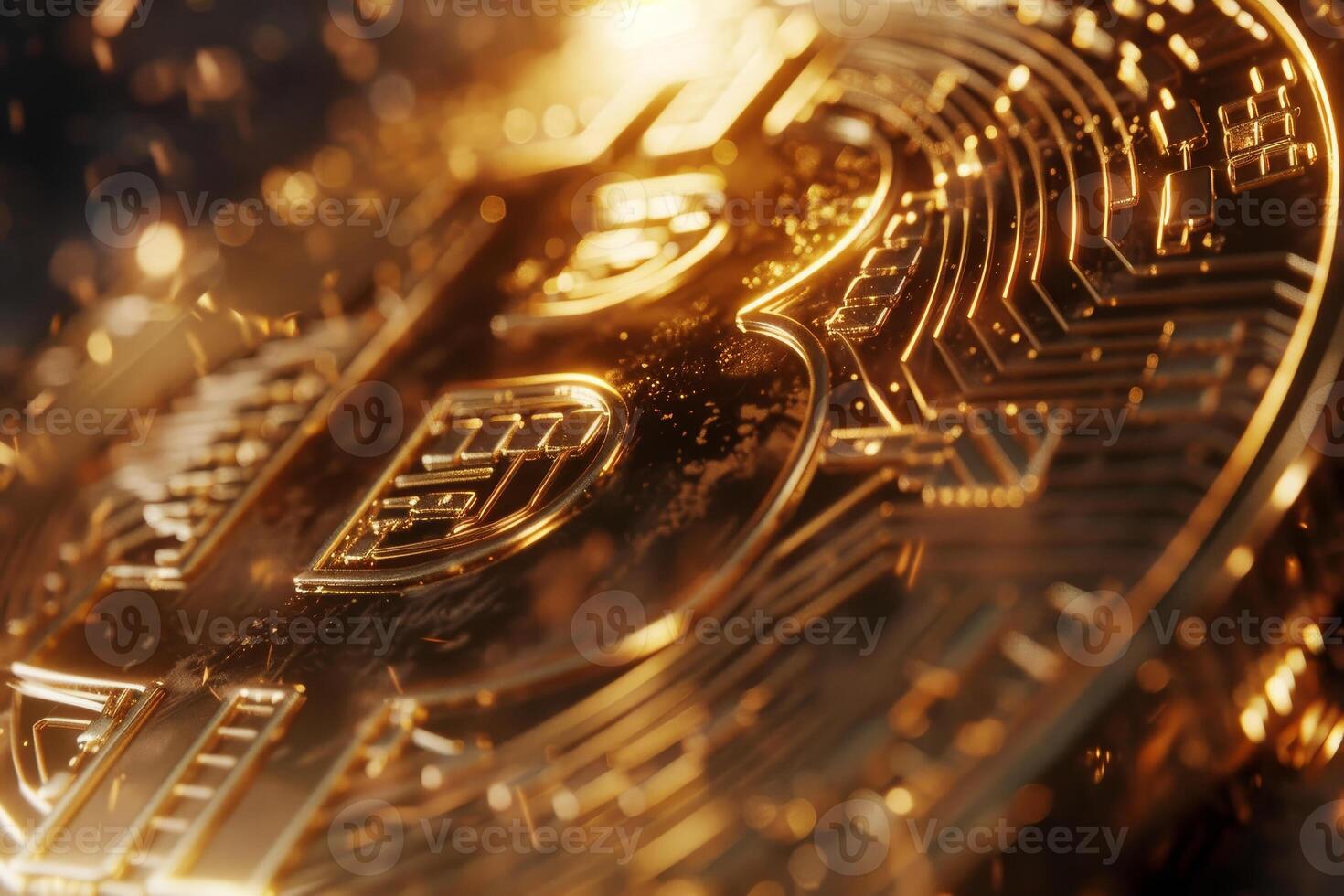 A shiny Bitcoin is captured in close-up, revealing its detailed design and gleaming surface. The soft lighting enhances the digital currency's shiny, metallic features in this modern representation photo