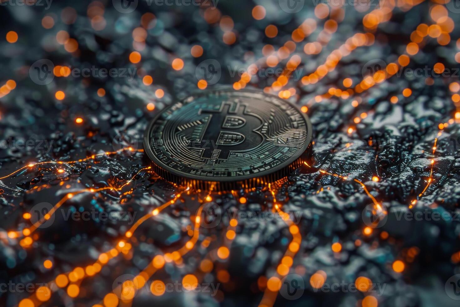 The image features a detailed Bitcoin placed on a textured background, surrounded by bright, glowing lines symbolizing a digital connection network, emphasizing cryptocurrency's presence photo