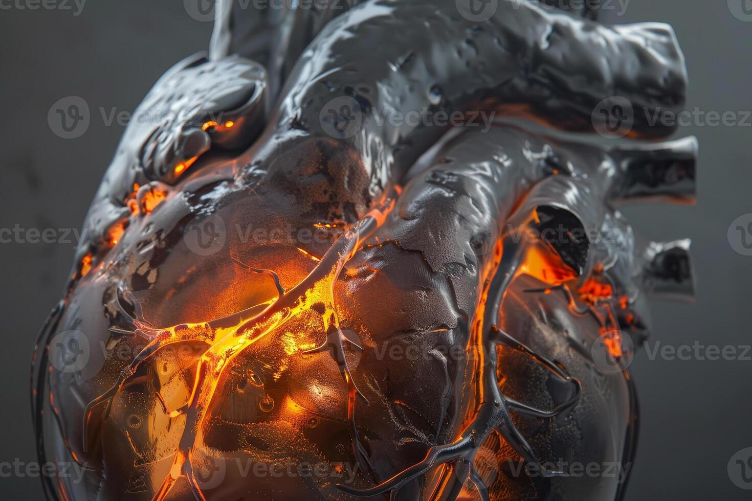 This captivating artwork features a heart sculpture with glowing cracks and molten details, contrasting dark materials with warm illumination, creating a striking visual impact photo