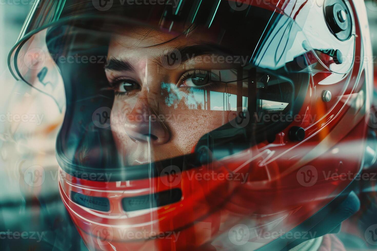The race car driver embodies focus and determination while wearing a sleek red helmet. Reflections hint at the high-speed action on the racetrack ahead during a critical moment photo