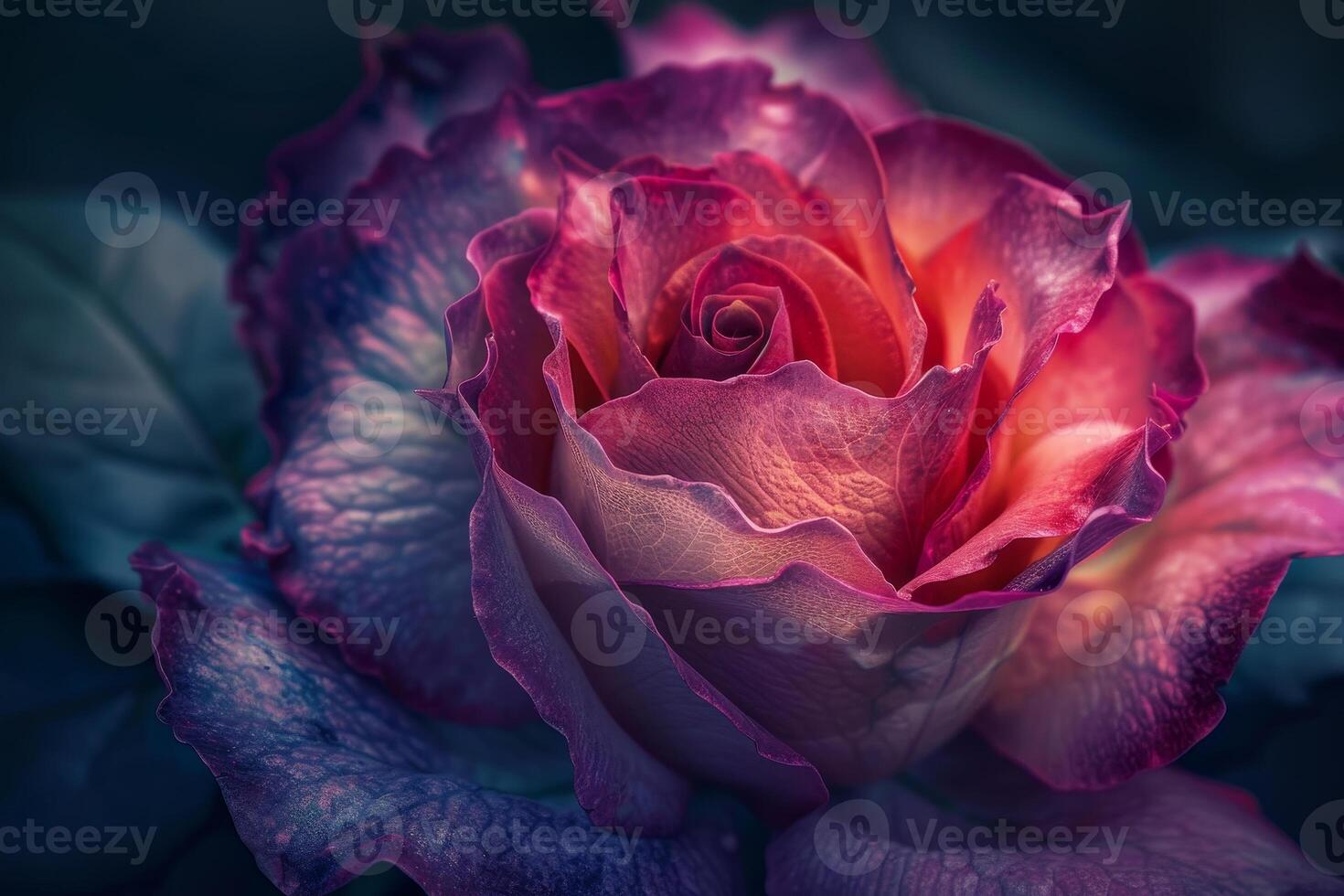 A vibrant rose in captivating shades of purple and pink captures attention with its intricate petals, nestled among lush green leaves in soft morning light photo