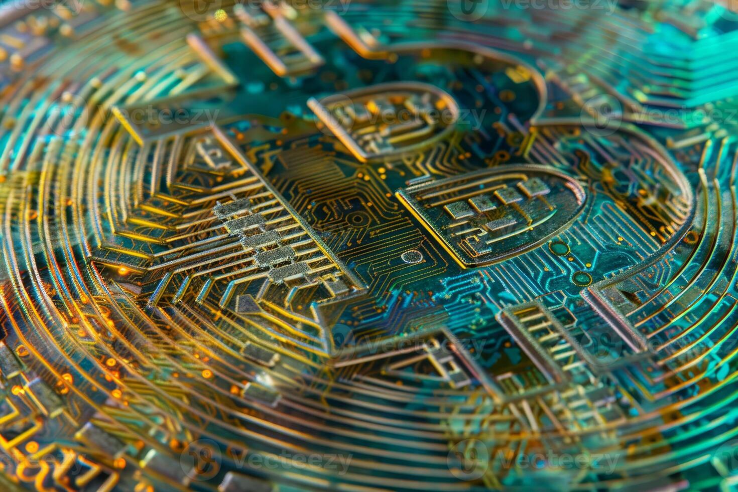 A detailed view of the Bitcoin symbol reveals complex circuit designs and vibrant hues, capturing the essence of digital currency and technology in modern finance photo