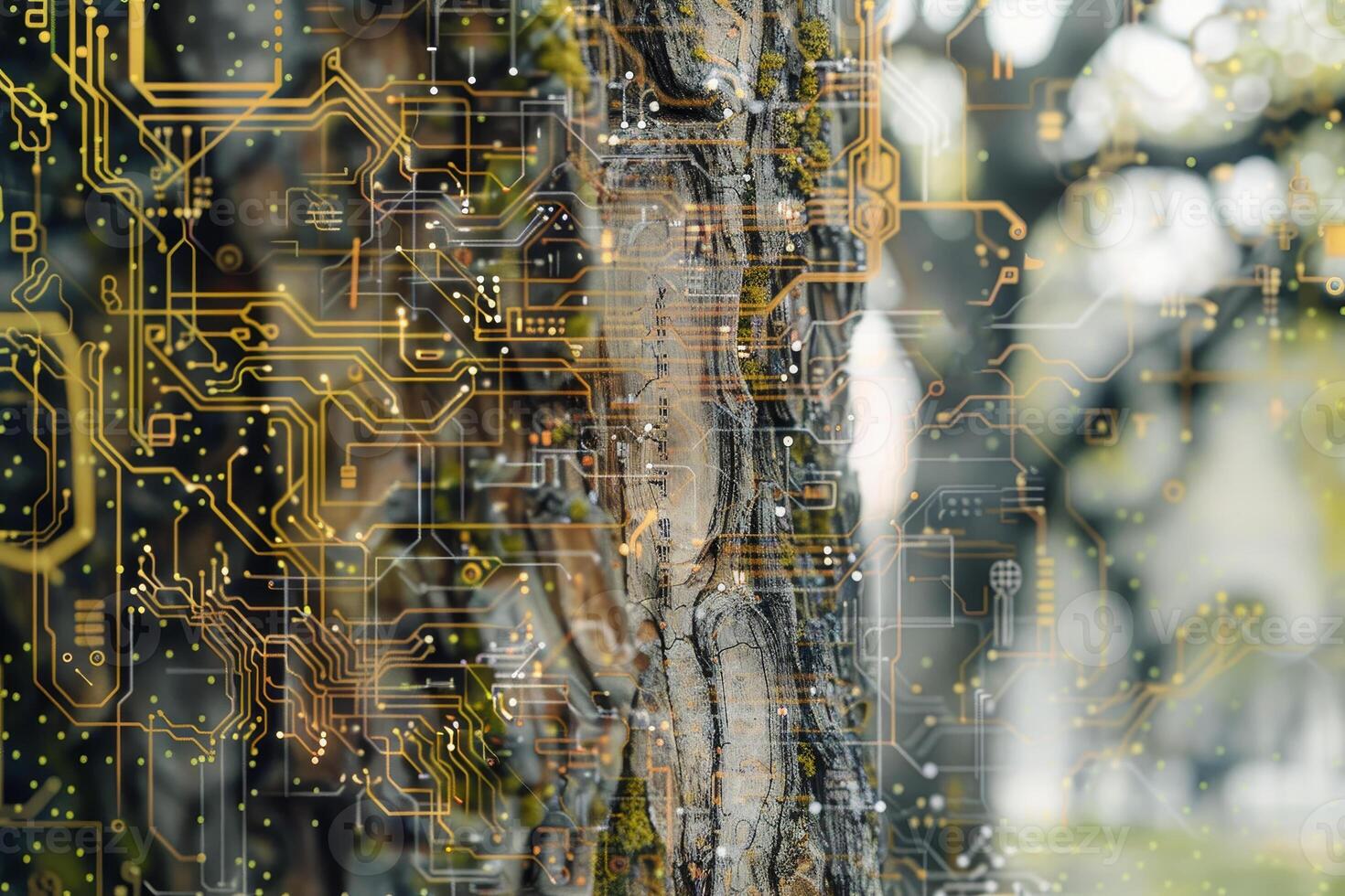 A tree trunk stands prominently as digital circuit patterns blend seamlessly with its bark photo