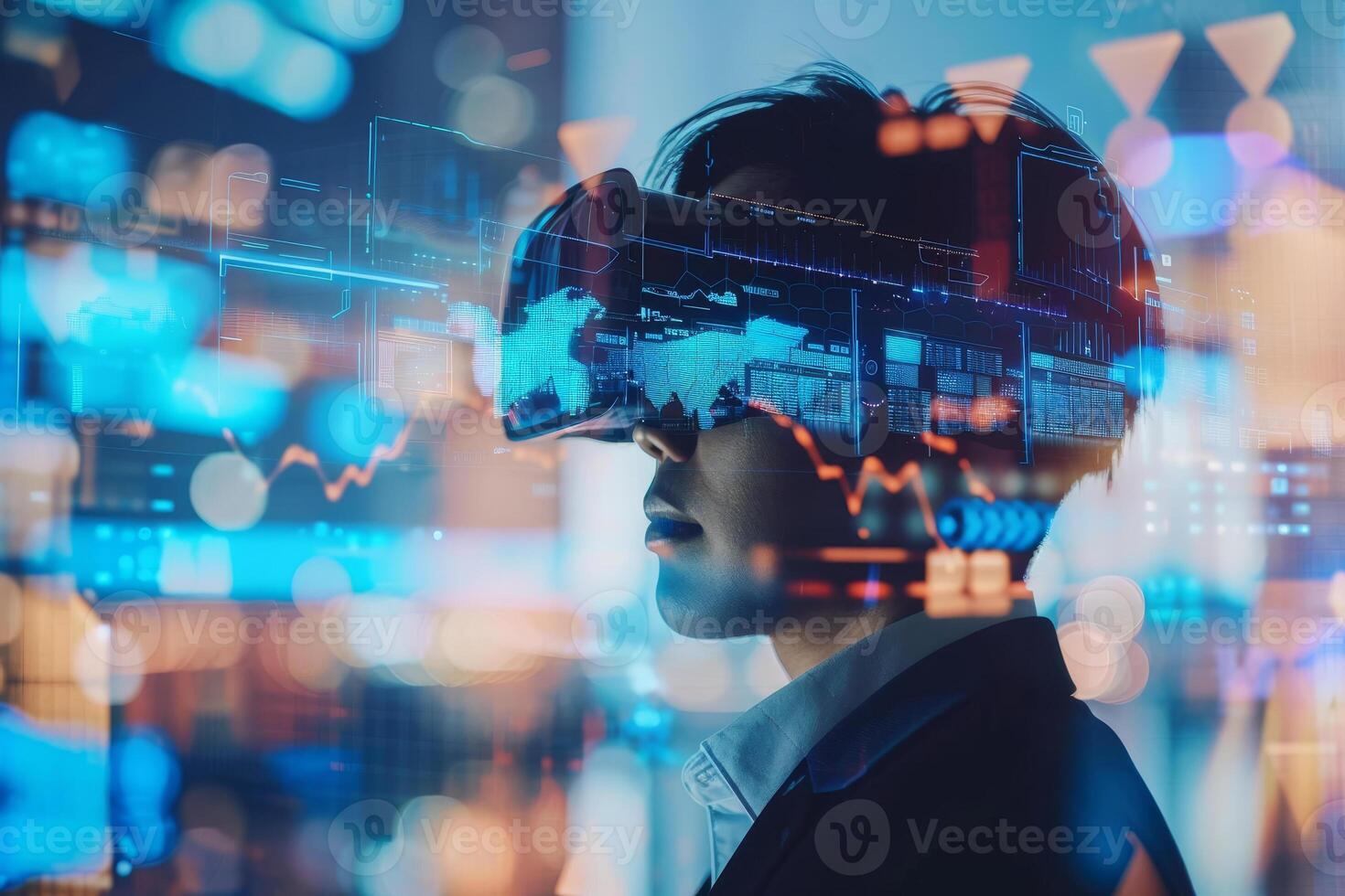 A person wearing a virtual reality headset interacts with digital financial graphs and data against a colorful city backdrop at night photo