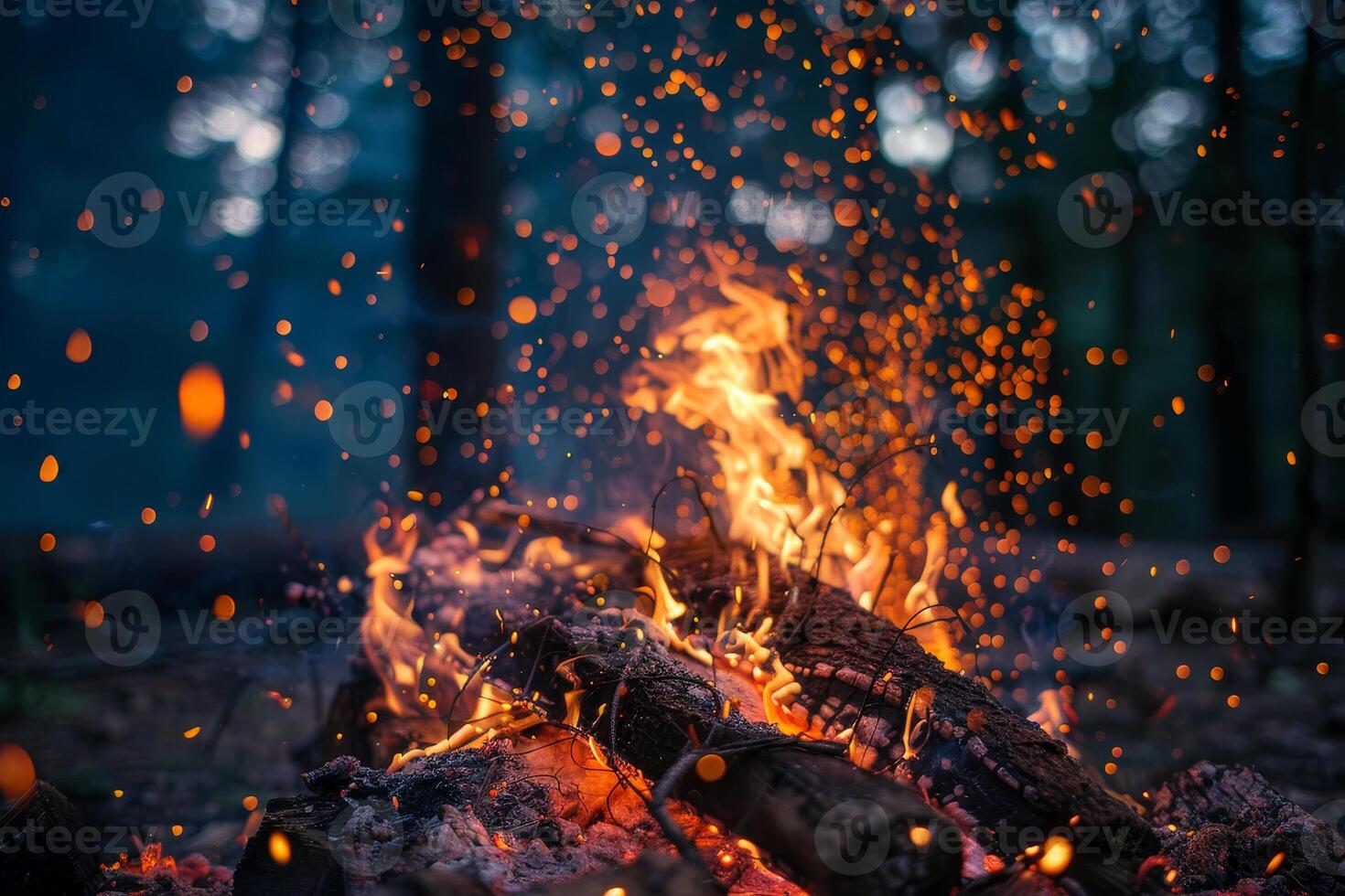 Bright flames leap from a campfire surrounded by logs, illuminating the darkening forest. Sparks swirl into the twilight, creating a cozy atmosphere photo