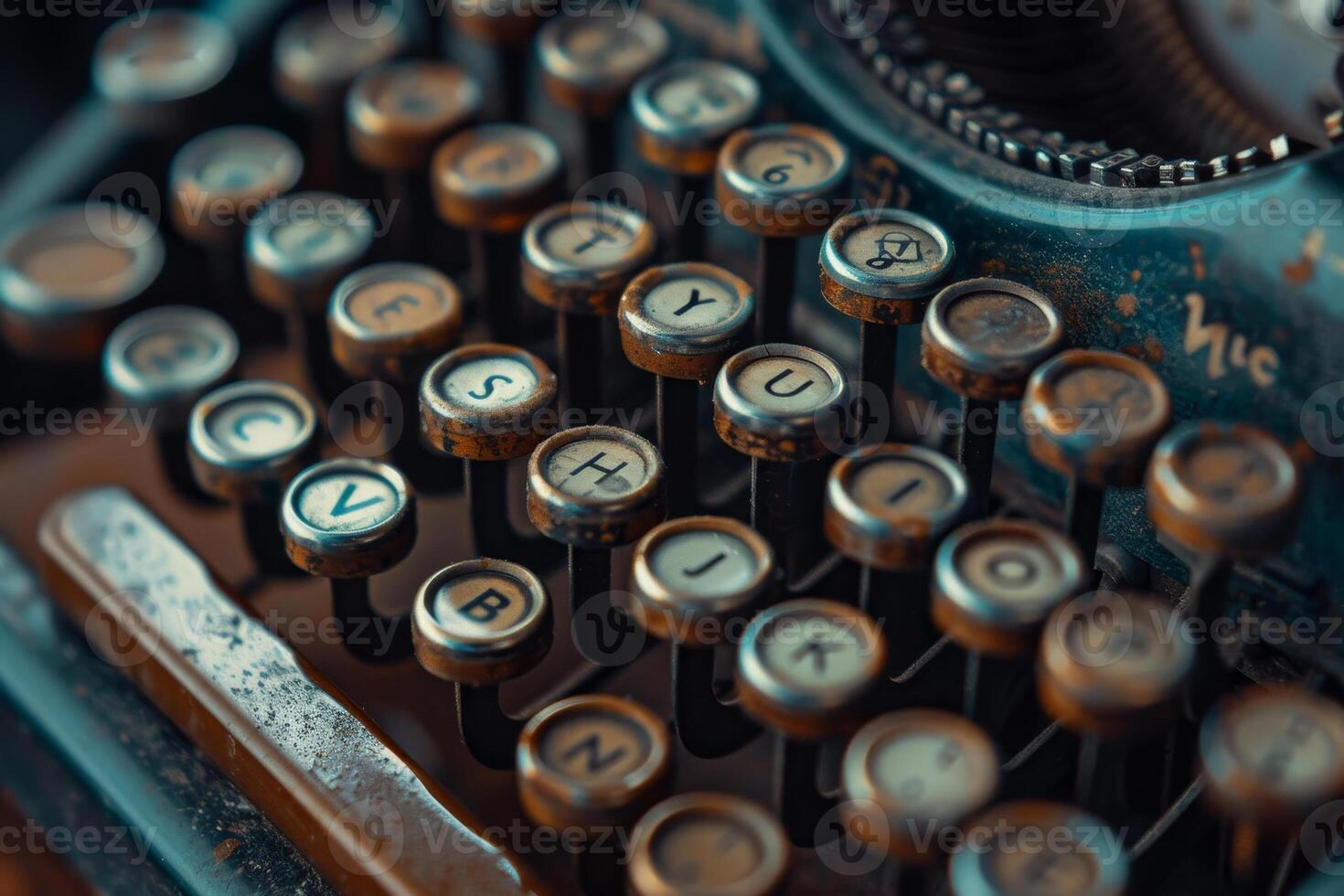 The vintage typewriter features aged keys with faded letters, inviting nostalgia and creativity in a cozy, rustic atmosphere, reflecting timeless writing traditions photo