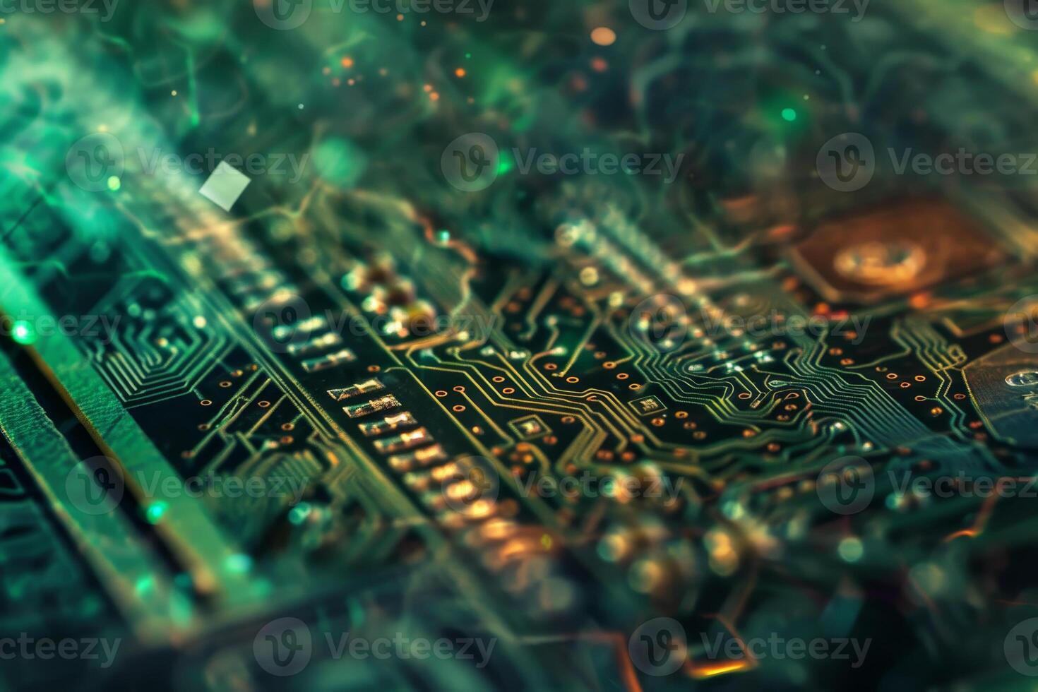 A detailed look at an electronic circuit board reveals a network of connections and patterns illuminated by bright green and gold colors, highlighting technological advancement photo