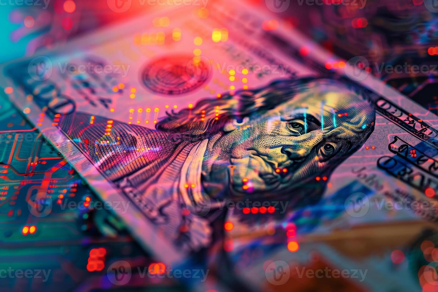 A close-up view of a one hundred dollar bill is set against a colorful digital backdrop, highlighting illuminated patterns and textures reflecting modern finance photo