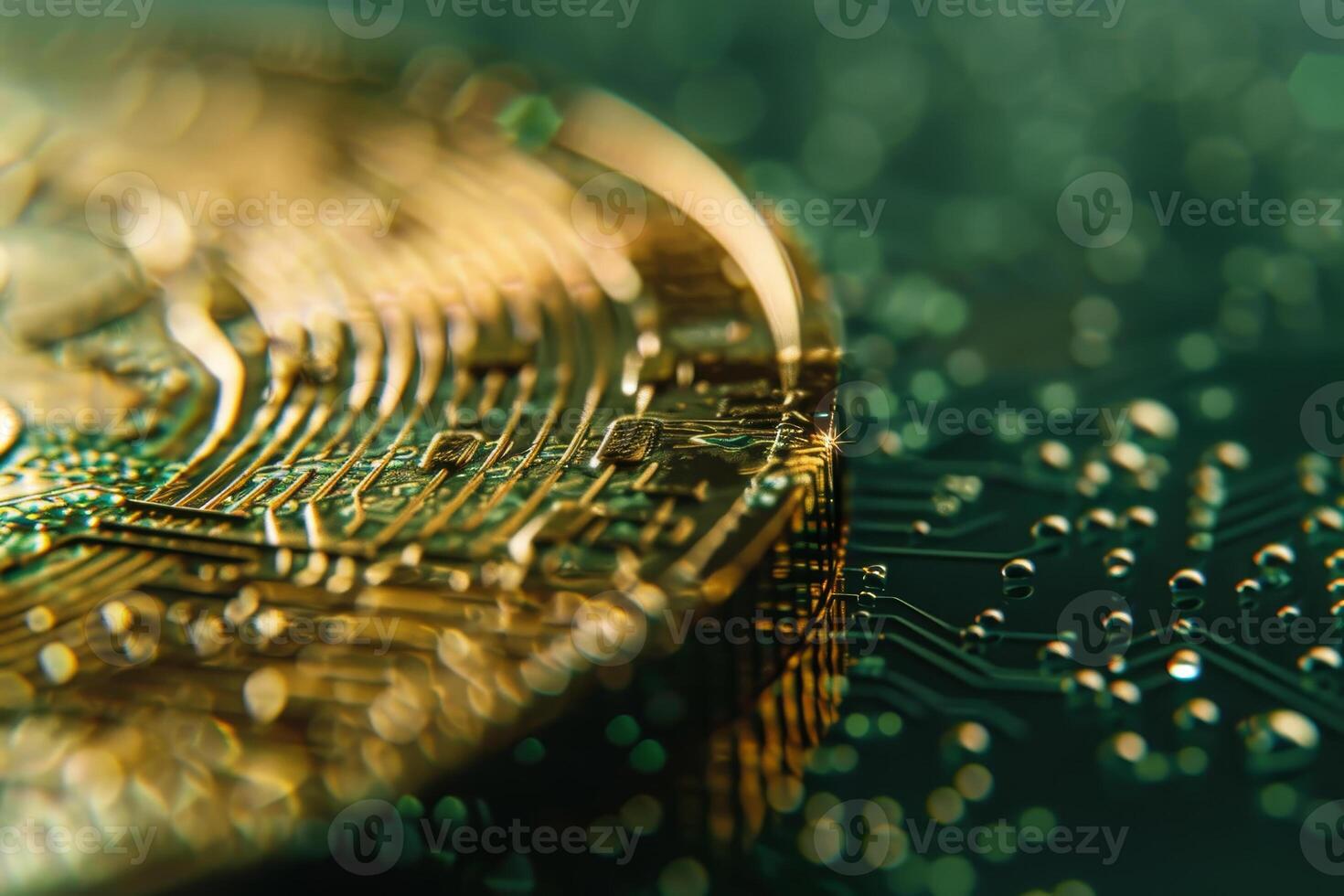 This detailed view showcases a gold bitcoin resting on a green circuit board, symbolizing the growth and evolution of digital currencies in the financial market photo