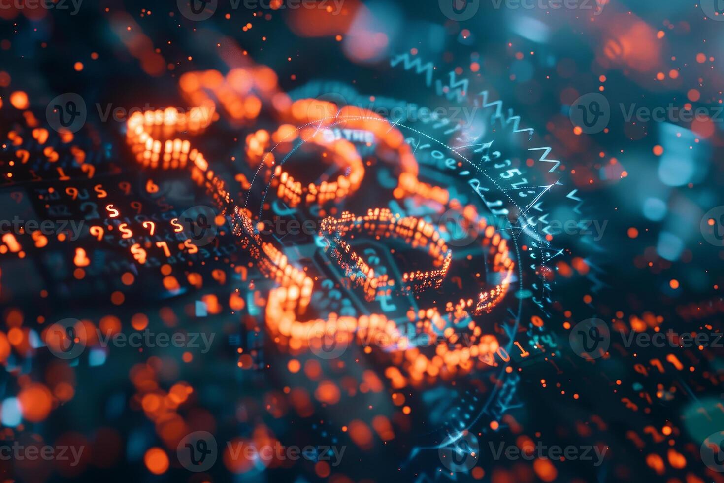An intricate illustration features glowing orange cryptocurrency symbols against a backdrop of dynamic data patterns, capturing the essence of digital finance photo