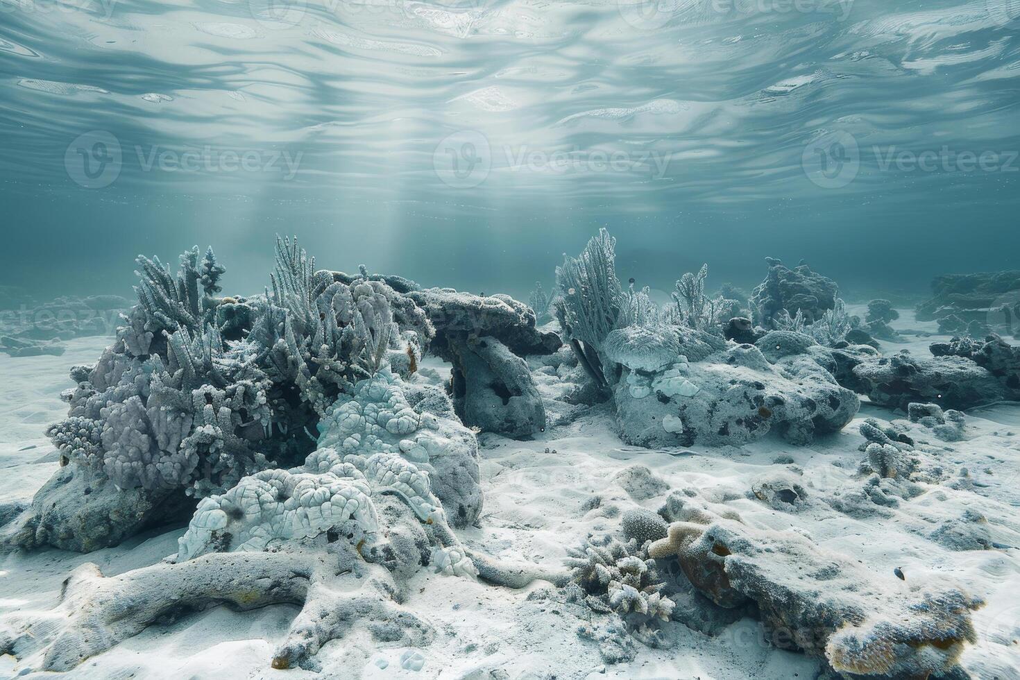A vibrant underwater scene showcases various coral formations nestled on a sandy seabed, illuminated by rays of sunlight filtering through the water's surface photo