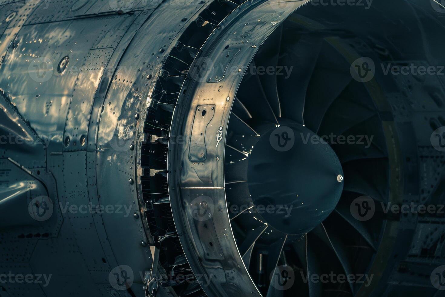 A detailed examination of a powerful jet engine reveals its complex design, reflecting sunlight and emphasizing the engineering marvel at an airport in the afternoon photo