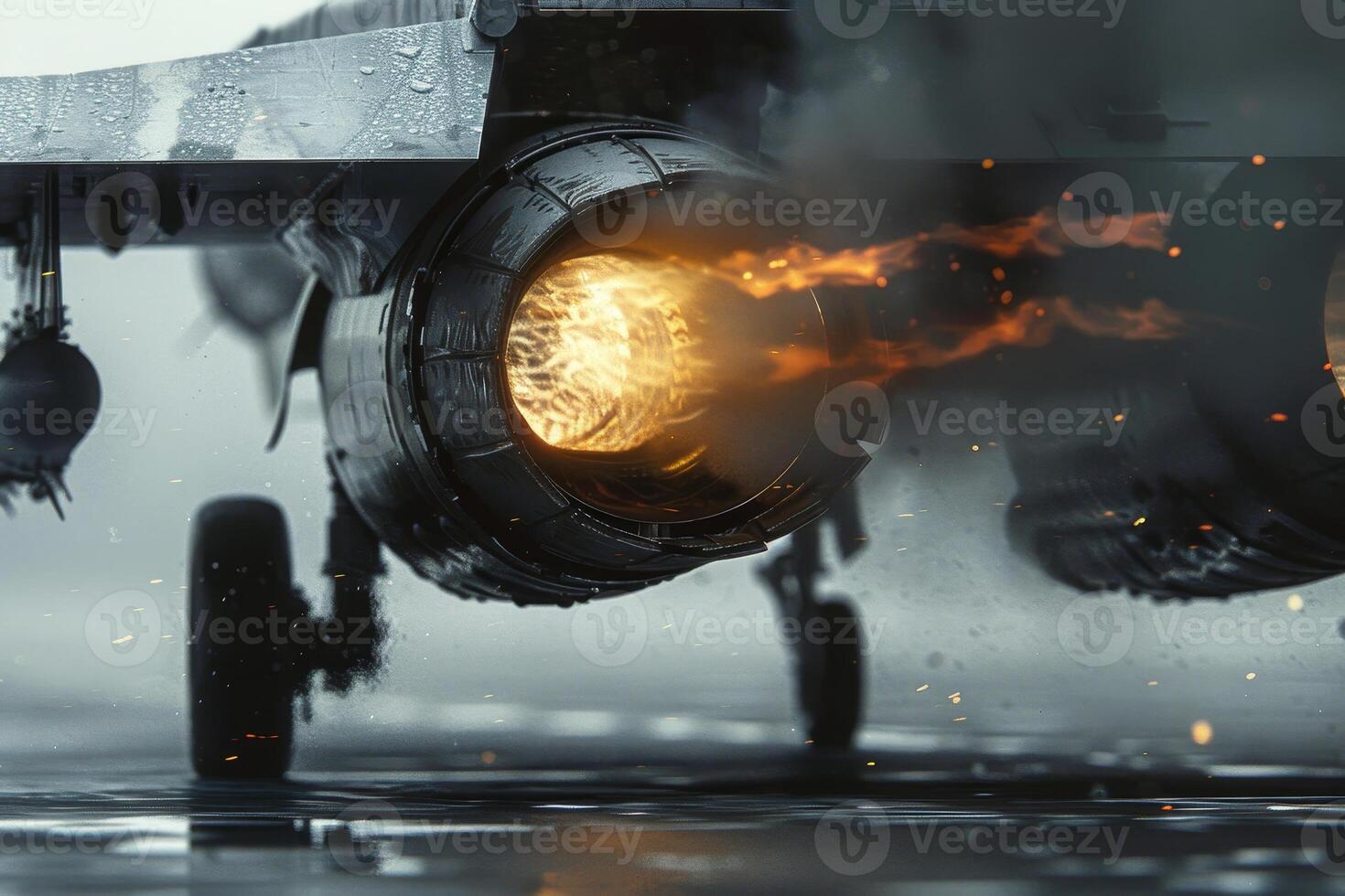 A jet engine expels flames and smoke as it powers up for takeoff at a military airbase, surrounded by a foggy atmosphere that enhances the dramatic effect photo