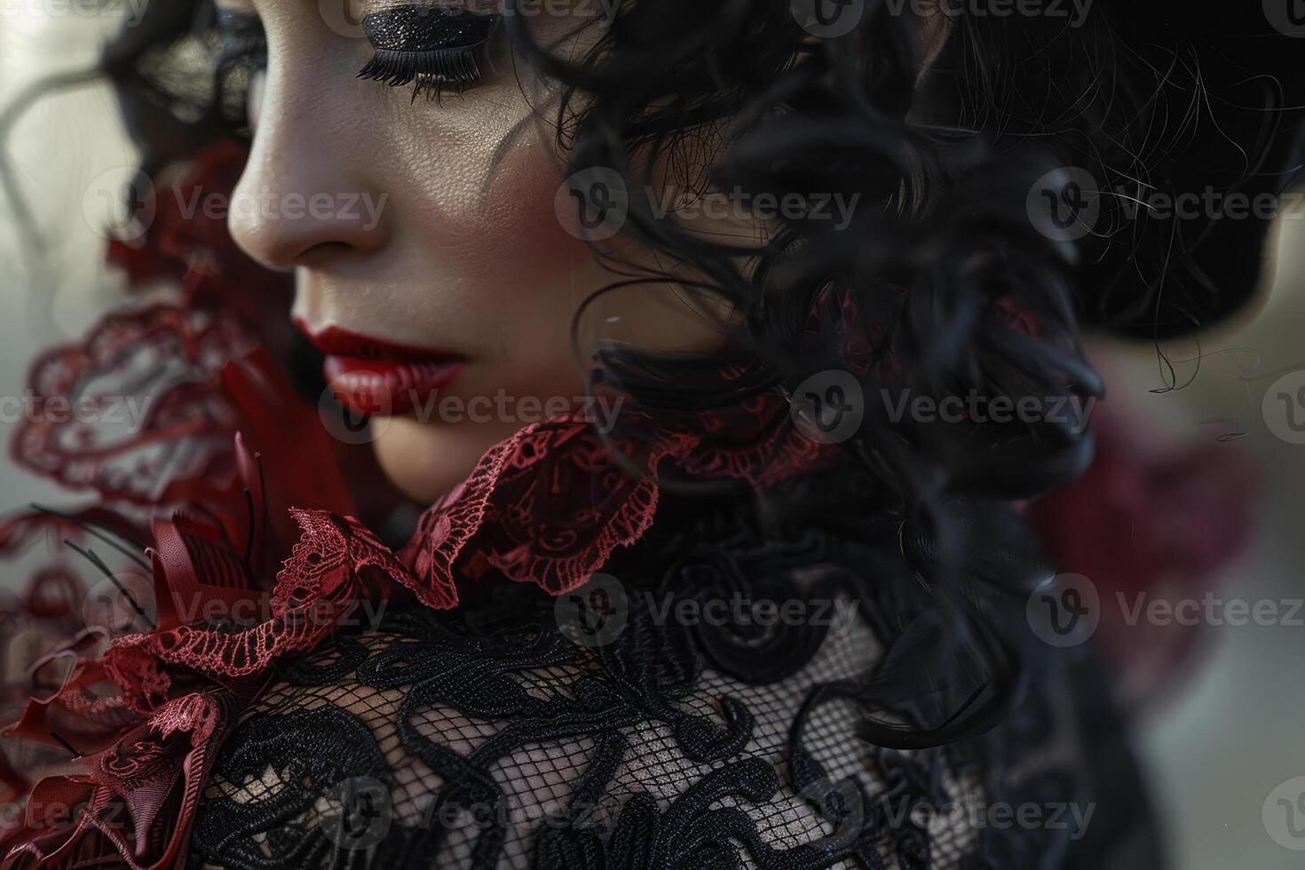 This striking portrait captures a woman with curly hair adorned in delicate black lace with red detailing. Her bold makeup enhances her captivating presence in a softly blurred setting photo