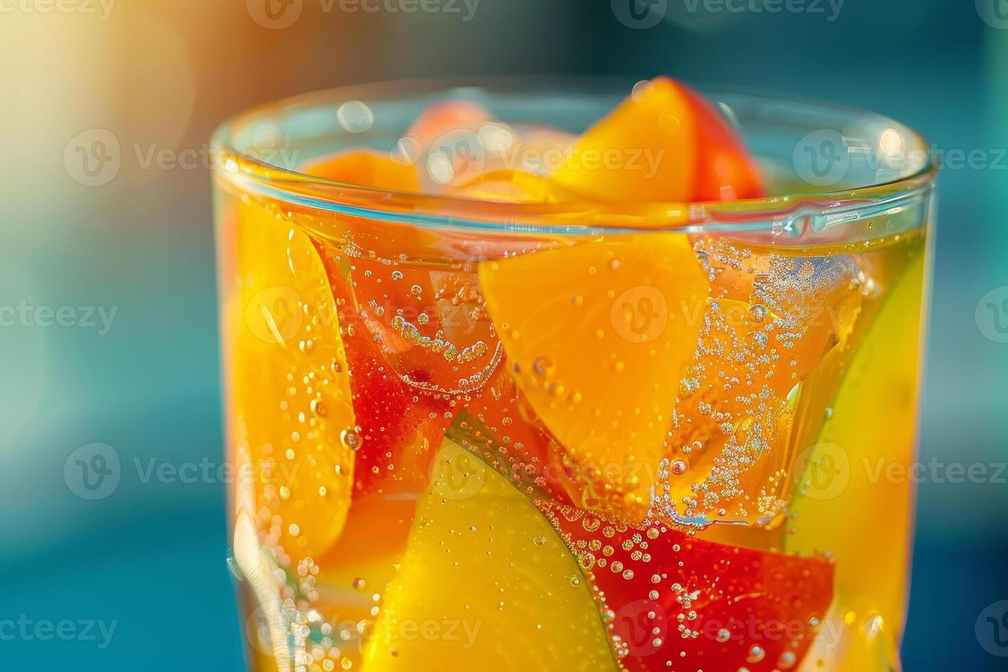 A vibrant glass filled with colorful fruit pieces and sparkling bubbles, perfect for enjoying on a warm summer day, inviting refreshment and joy photo