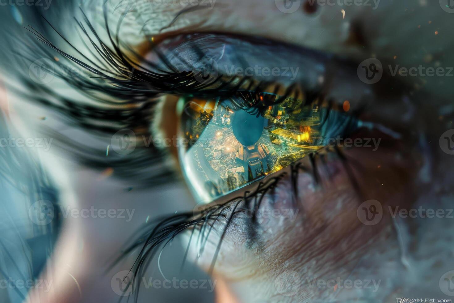 A striking close-up of an eye reveals a colorful cityscape within the pupil, highlighting the intricate details of urban life. The image captures the fusion of human experience and environment photo