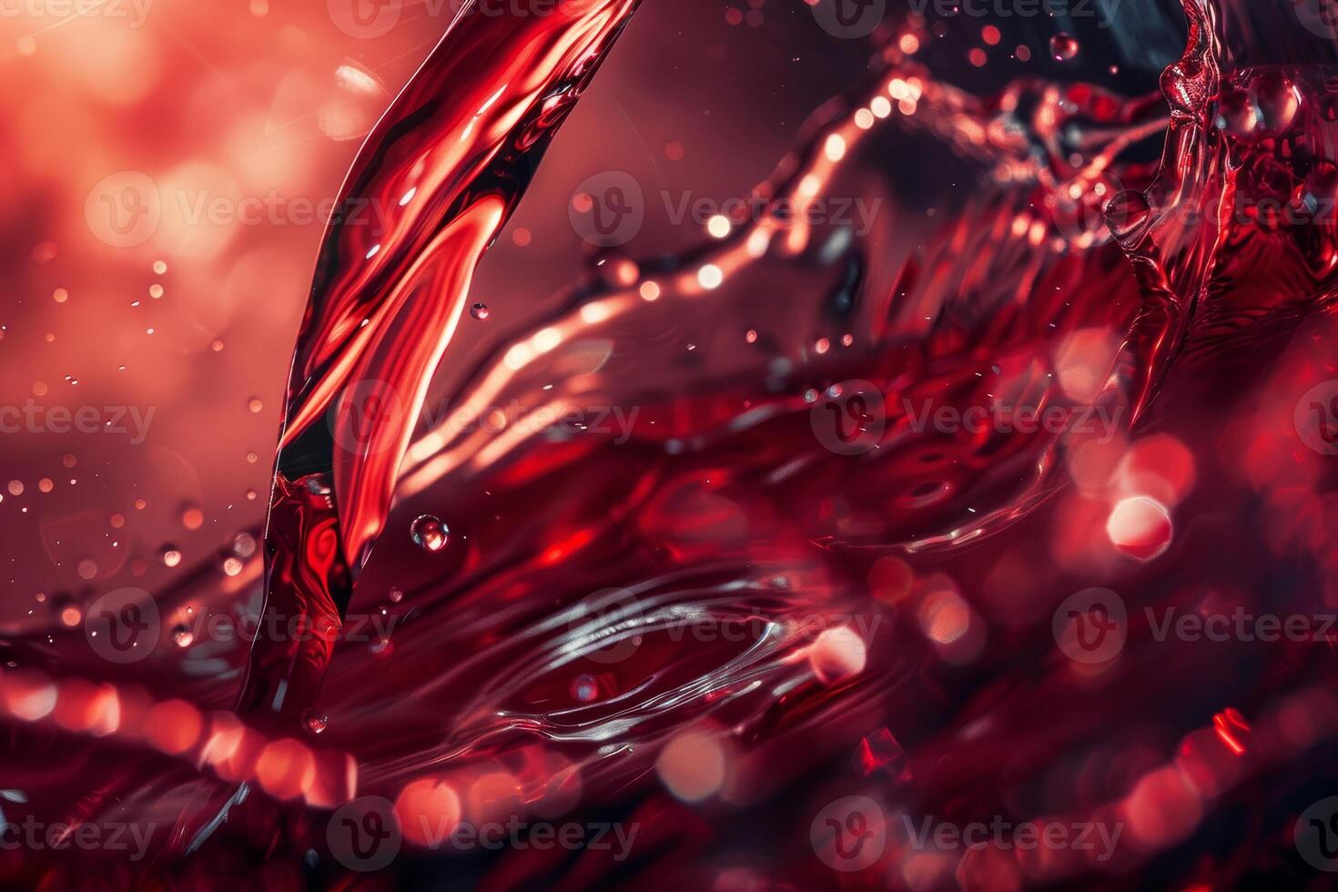 Red liquid cascades and interacts dynamically, creating mesmerizing patterns and reflections. The rich color contrasts beautifully with soft, glowing bokeh highlights photo