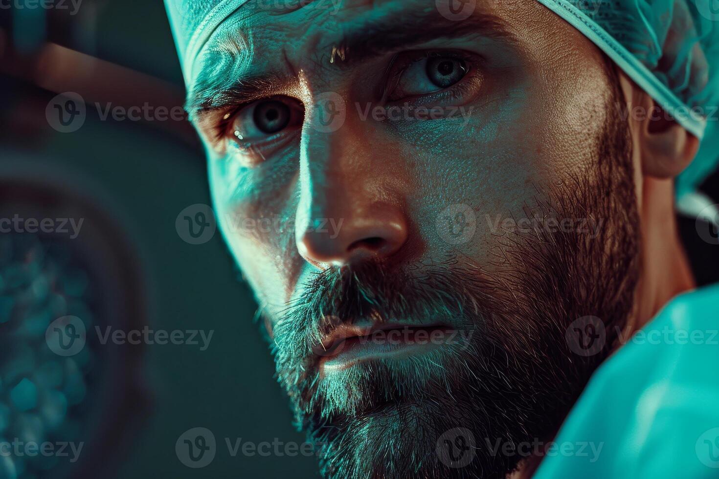 A surgeon with a serious expression prepares for a critical operation, surrounded by advanced medical equipment in a well-lit operating room photo