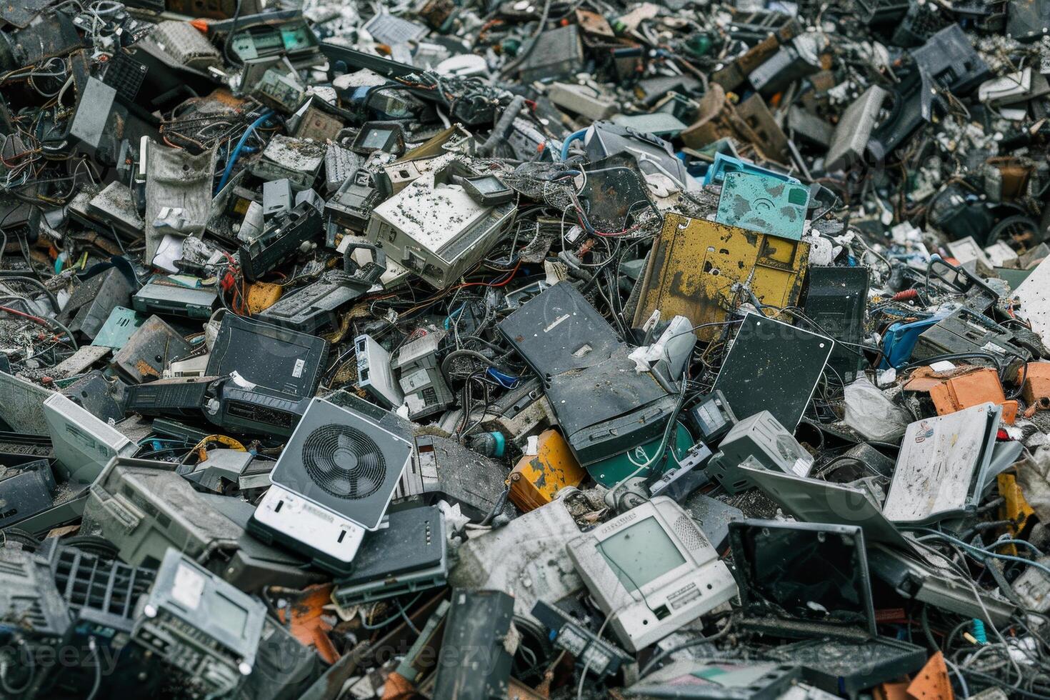 Masses of old electronic devices are stacked at a recycling plant, illustrating the significant waste generated from technological advancements and consumer habits photo