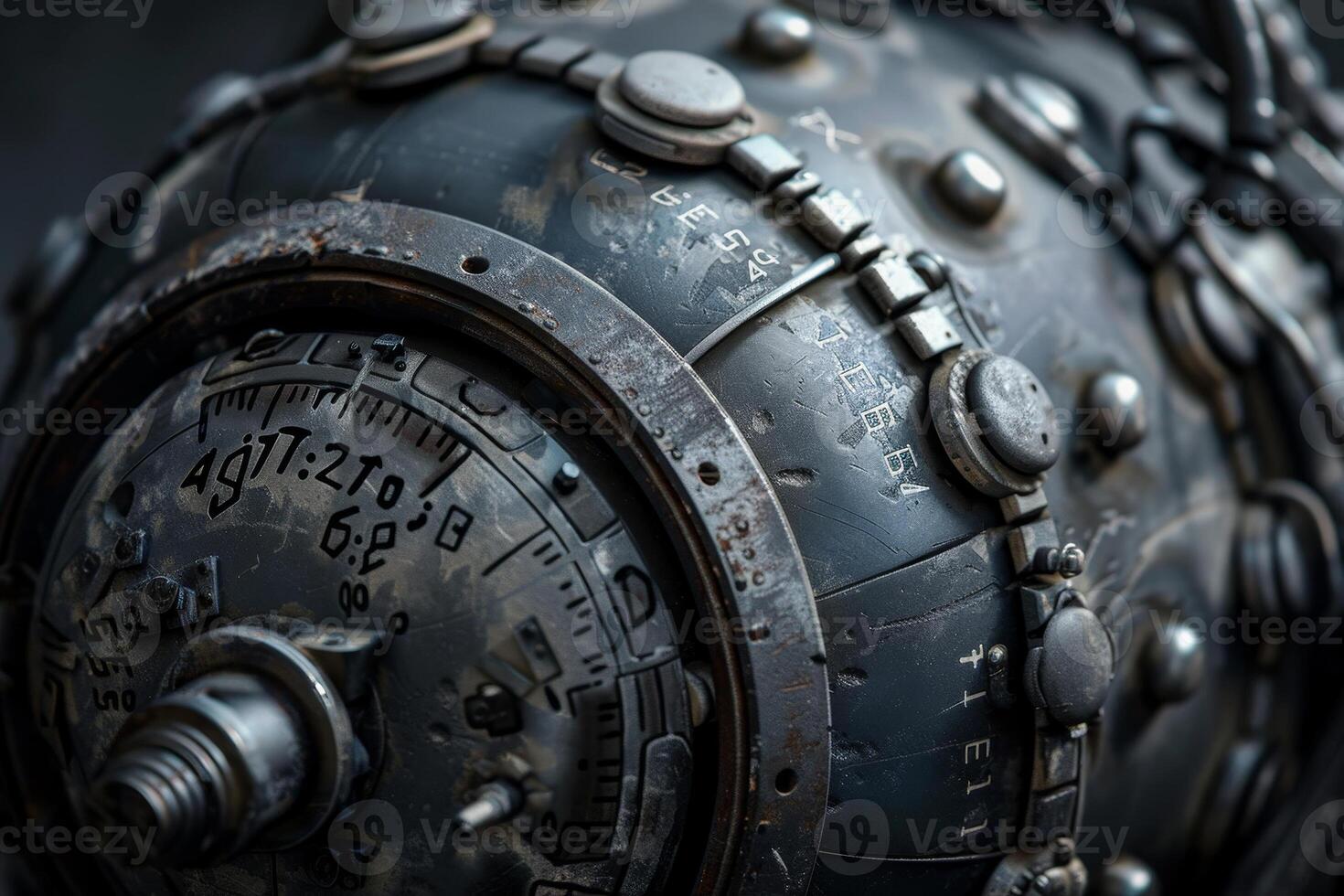 An intricately designed mechanical device with numerous dials and buttons is illuminated in soft, dim lighting, showcasing its vintage craftsmanship and aged materials photo