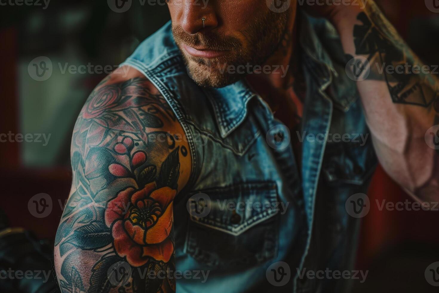 A man with a well-defined physique displays his intricate floral tattoo on his arm. He is dressed in a denim vest, highlighting the vibrant colors of the ink in a cozy, inviting environment photo