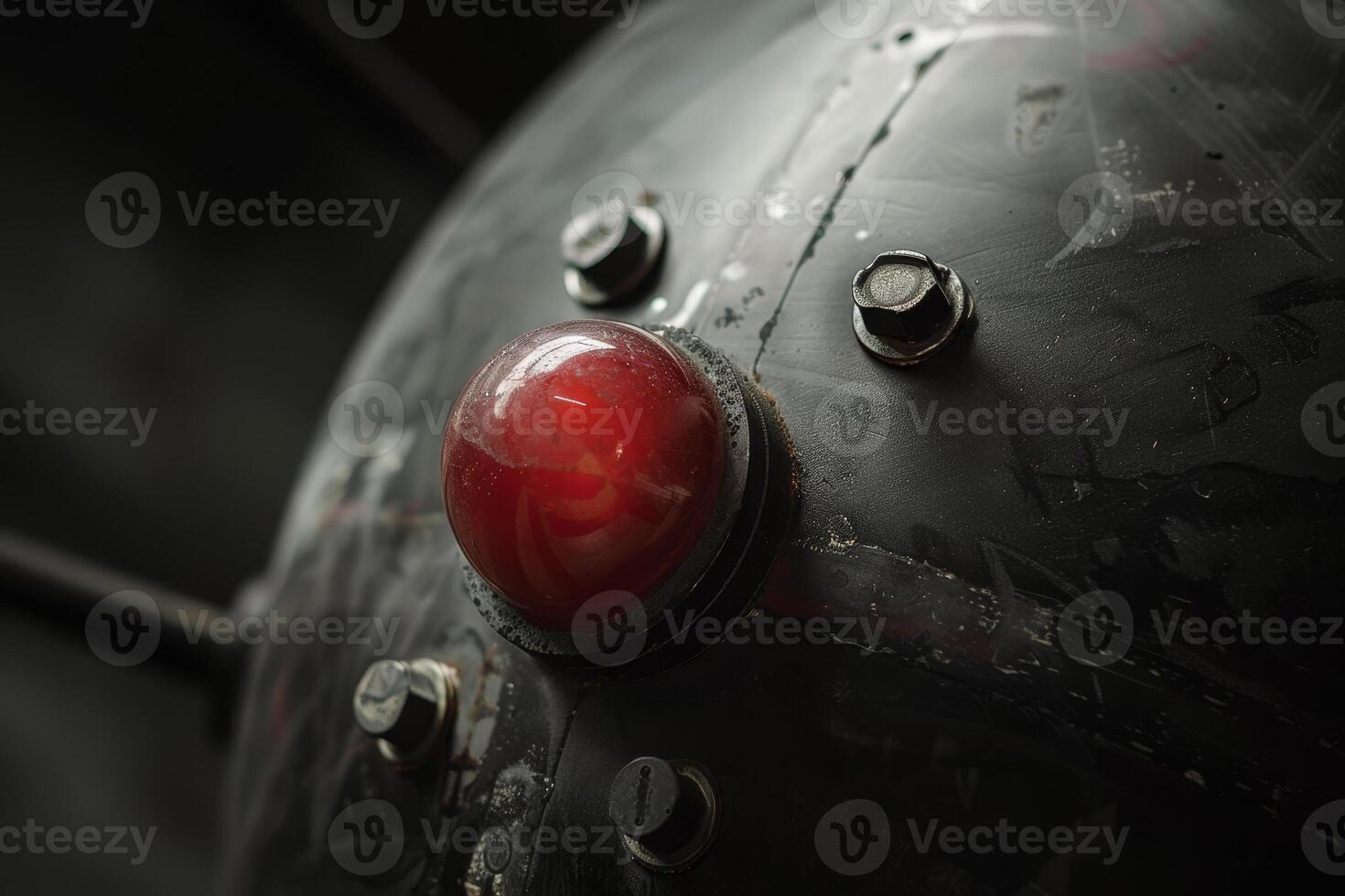 The striking red button is prominently featured against a textured metallic backdrop adorned with several bolts, showcasing industrial aesthetics in low light photo