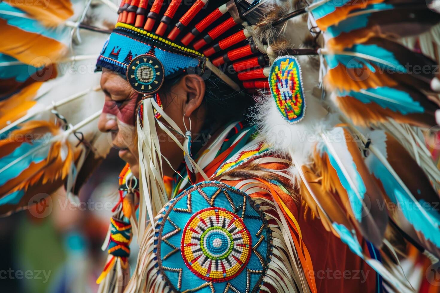 A skilled Native American dancer showcases a vibrant feathered outfit adorned with intricate beadwork, performing during a cultural festival in an outdoor setting photo