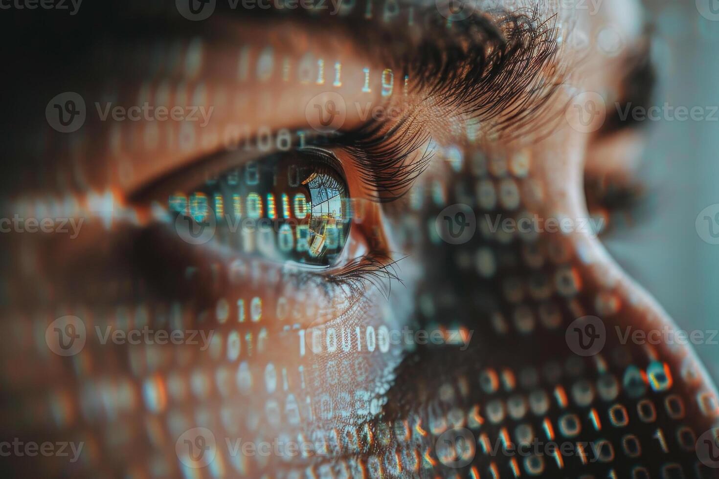 A person gazes intently with their eye reflecting lines of binary code, representing the intersection of human perception and digital technology in a contemporary setting photo