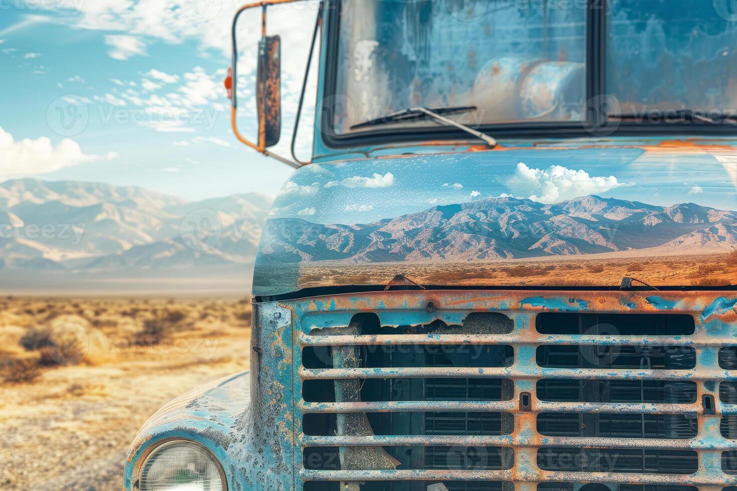 A weathered truck stands in a sprawling desert, its surface mirroring the majestic mountain range and clear sky, showcasing nature's beauty and decay photo
