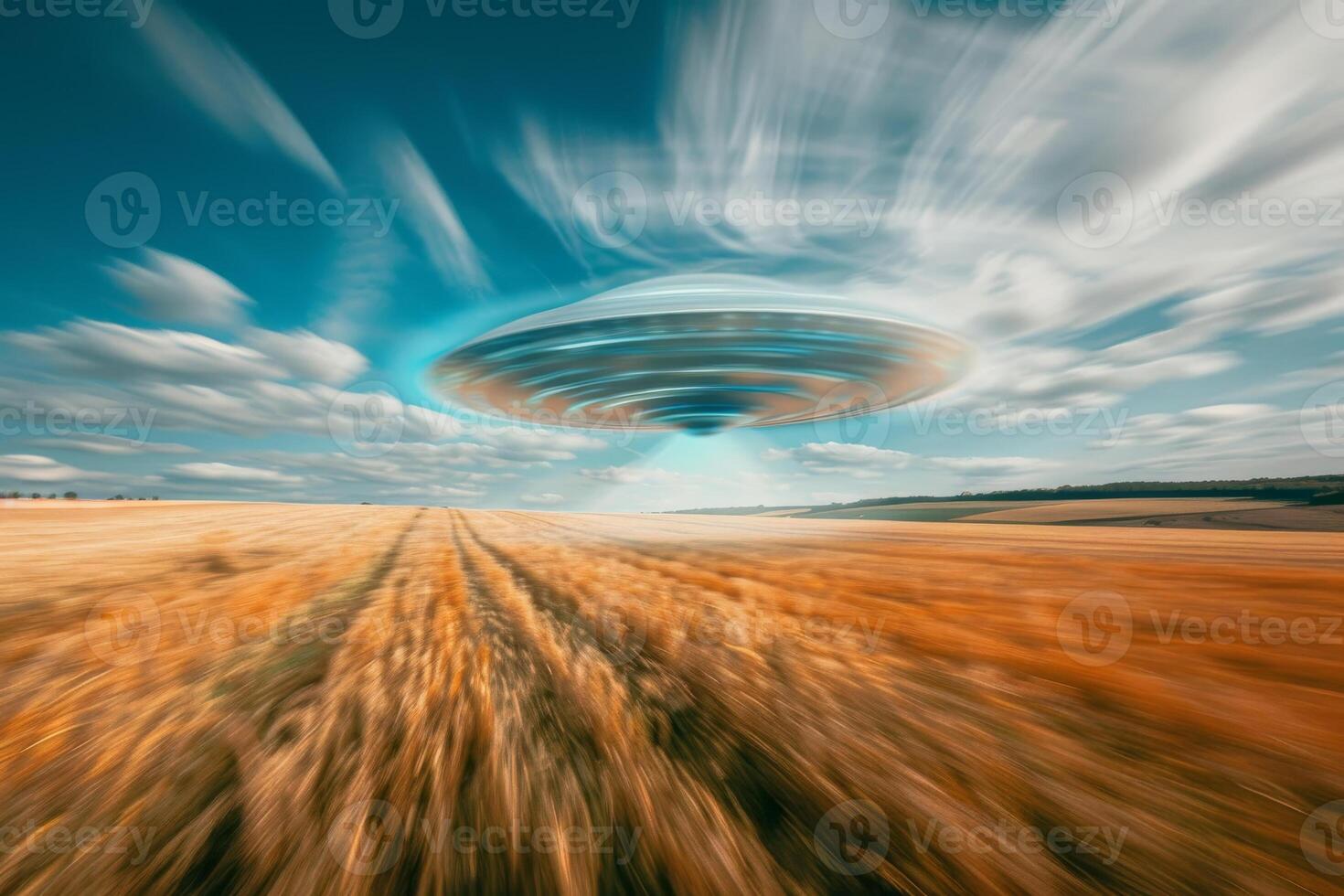 A flying saucer, surrounded by swirling clouds, quietly hovers above a vast golden wheat field, creating an intriguing contrast against the blue sky photo