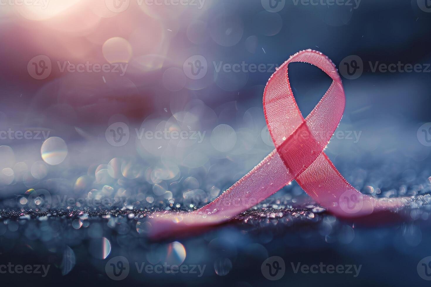 The pink ribbon is elegantly displayed on a glistening surface, catching soft light in a way that evokes themes of awareness, support, and hope for various causes photo