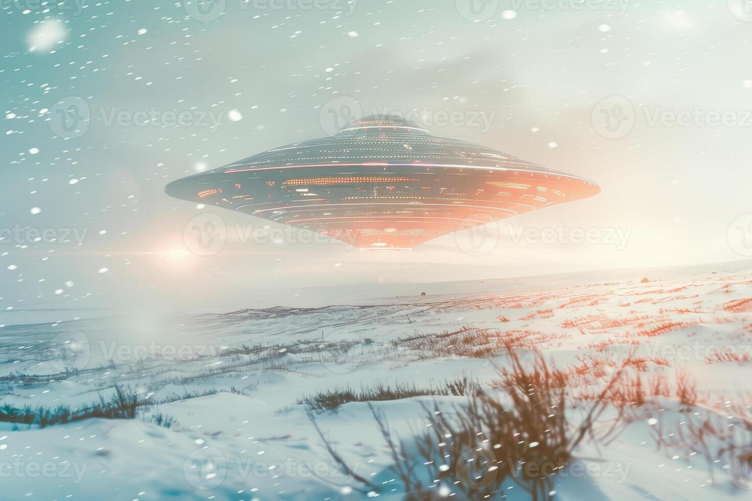 A flying saucer is seen hovering above a snow-covered landscape as twilight sets in. The craft emits a warm glow, illuminating the surrounding icy terrain photo