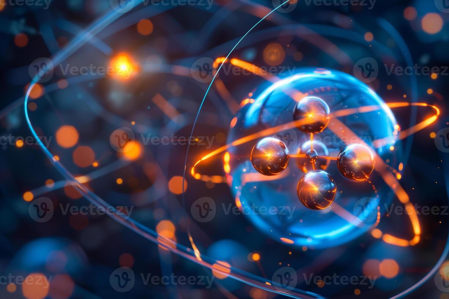 This illustration depicts an atom with orbiting electrons illuminated in blue and orange hues, creating a dynamic visualization of atomic structure photo