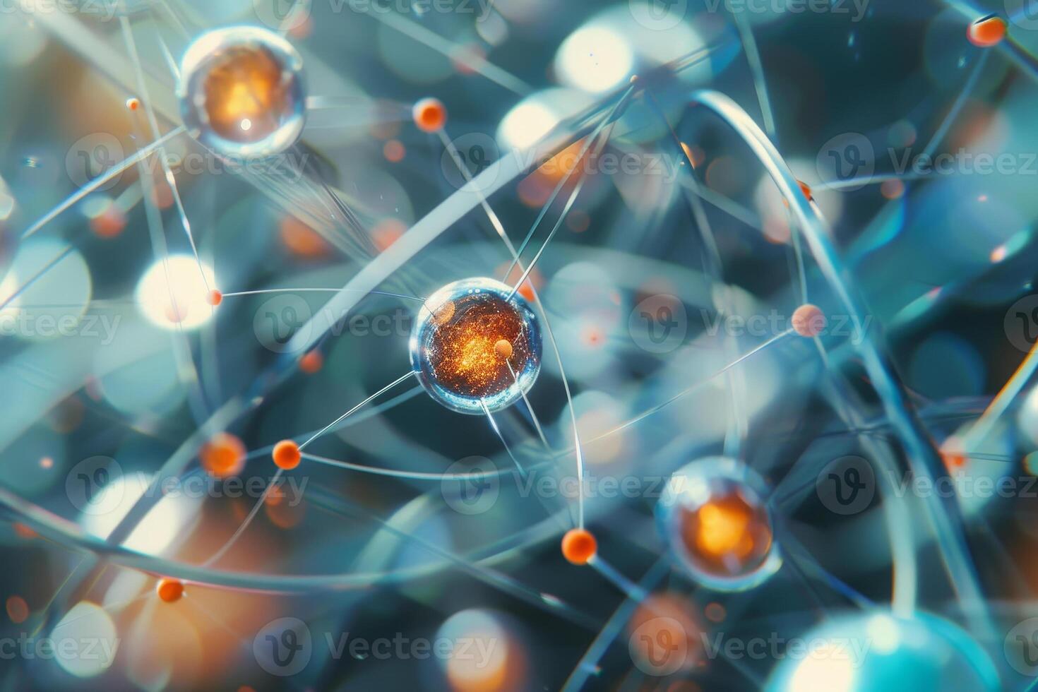 An intricate display of atoms and molecules is interconnected, showcasing bright cores surrounded by fine strands. The vibrant structure highlights scientific principles of chemistry photo