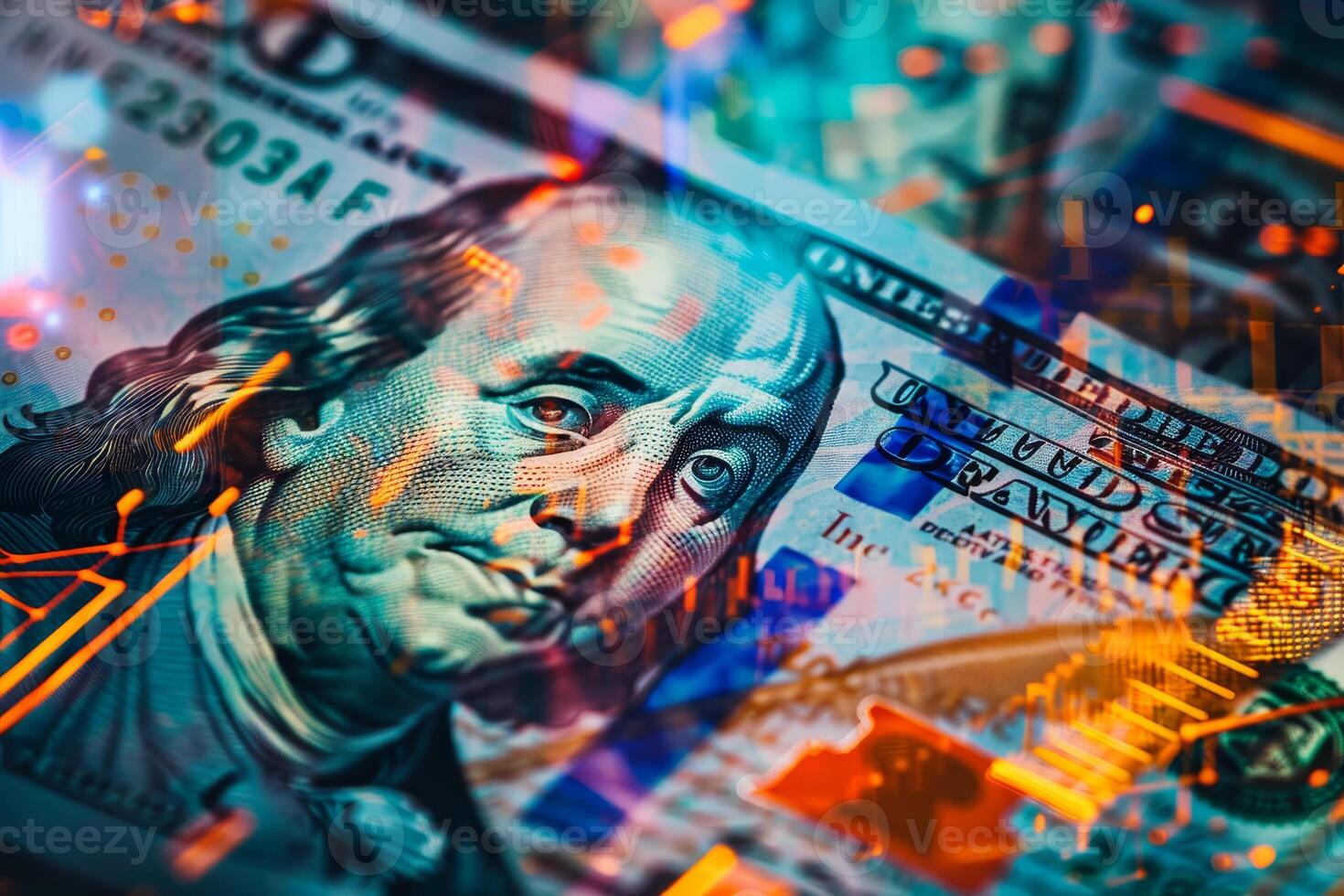 A close-up of a hundred-dollar bill featuring Benjamin Franklin, enhanced with digital elements representing market trends and financial analysis photo
