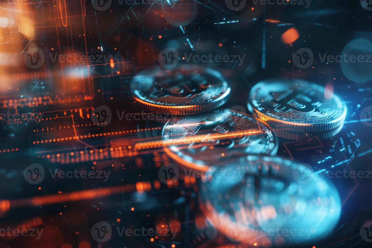Cryptocurrency coins lie prominently on a vibrant digital backdrop showcasing glowing circuits and data flows, representing modern finance and technology photo