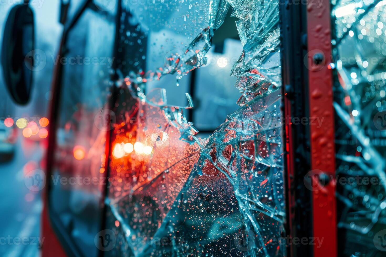 A bus with a broken window displays fragmented glass, capturing reflections of urban lights in the background on a rainy evening photo