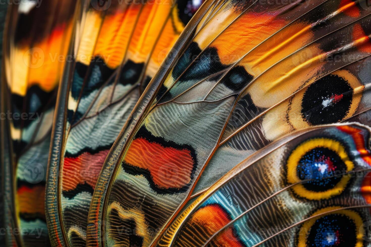 Vibrant butterfly wings display a captivating array of colors and patterns. The close-up captures the delicate textures and intricate details under bright sunlight photo