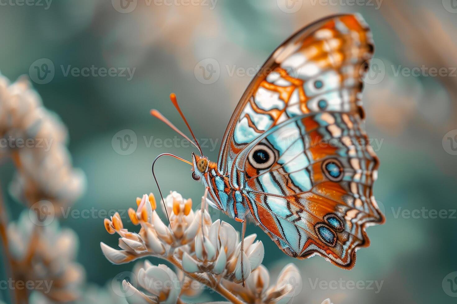 A vibrant butterfly with intricate patterns rests on small white flowers in a tranquil garden. The sunlight gently illuminates the scene, highlighting the colors photo