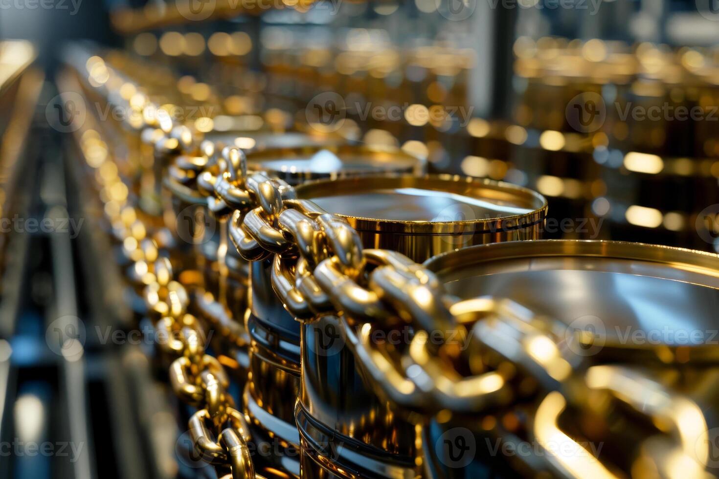 A series of golden containers secured with chains reflect meticulous organization within a warehouse. The setting emphasizes industrial efficiency and safety photo