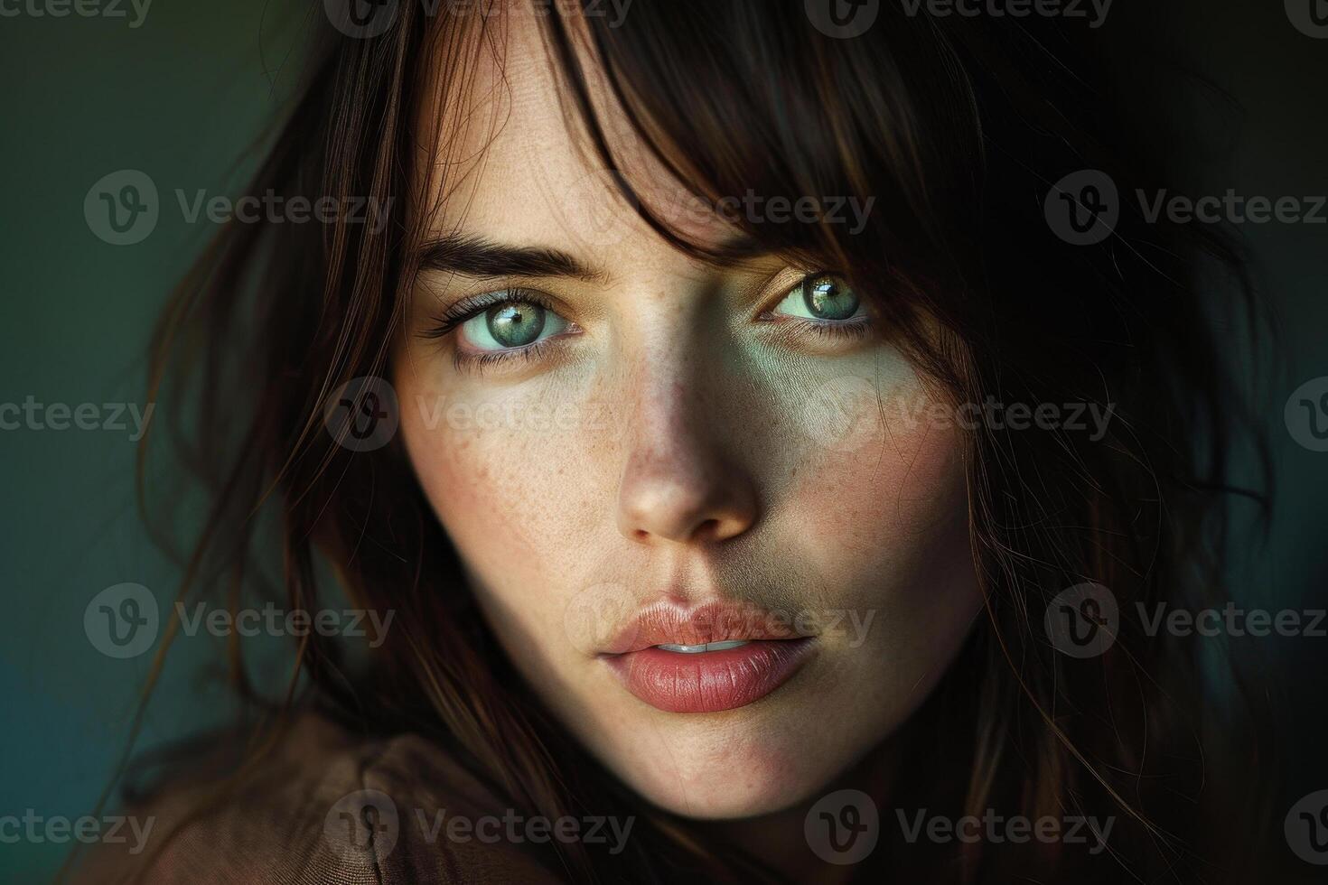 A woman gazes intently, showcasing her bright blue eyes and natural beauty. Soft lighting highlights her features, creating a captivating and intimate atmosphere photo