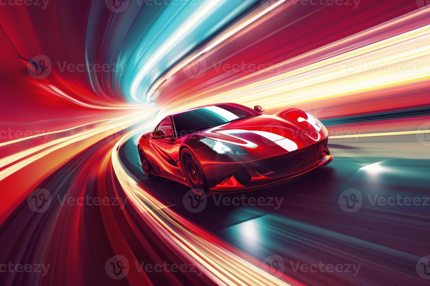 A red sports car accelerates through a futuristic tunnel, surrounded by vivid streams of light. The atmosphere suggests high speed and excitement during nighttime photo