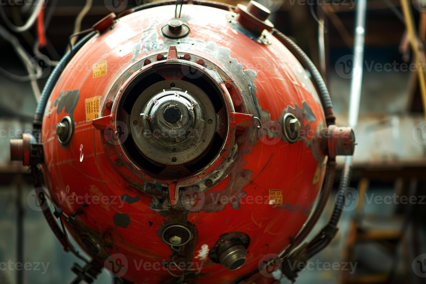 A vintage submersible showcases its rounded body and complex machinery, highlighting the intricate details of marine exploration technology. The setting suggests a marine museum ambiance photo