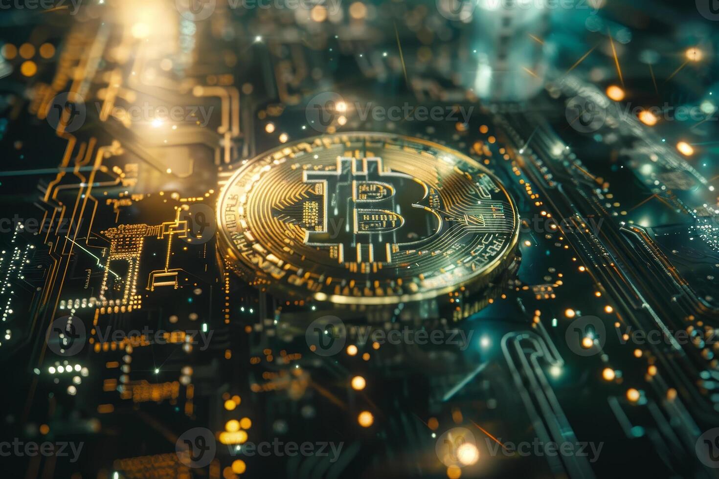 A close-up view showcases a Bitcoin resting on an intricate digital circuit board, symbolizing the intersection of cryptocurrency and advanced technology photo